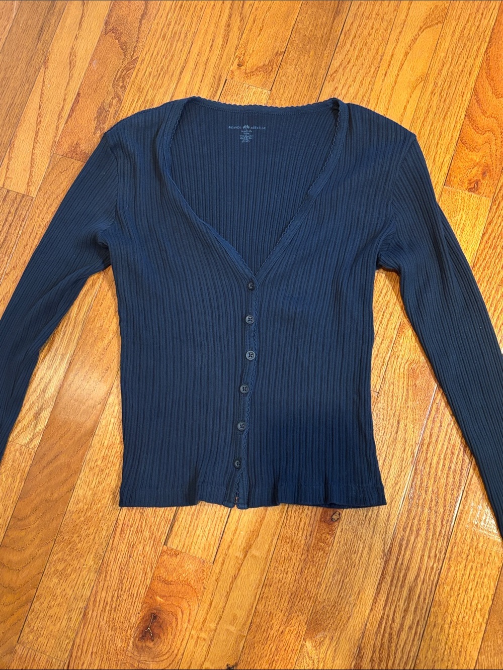 Brandy Melville Ribbed Button-Up Long Sleeve Top - Navy